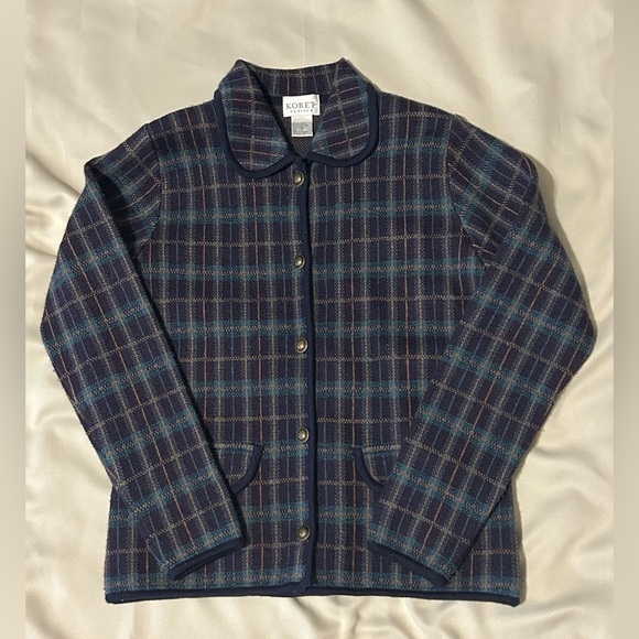 Vintage Koret Petite 100% Wool Collared Button Down Plaid Cardigan - MP - Picture 1 of 6